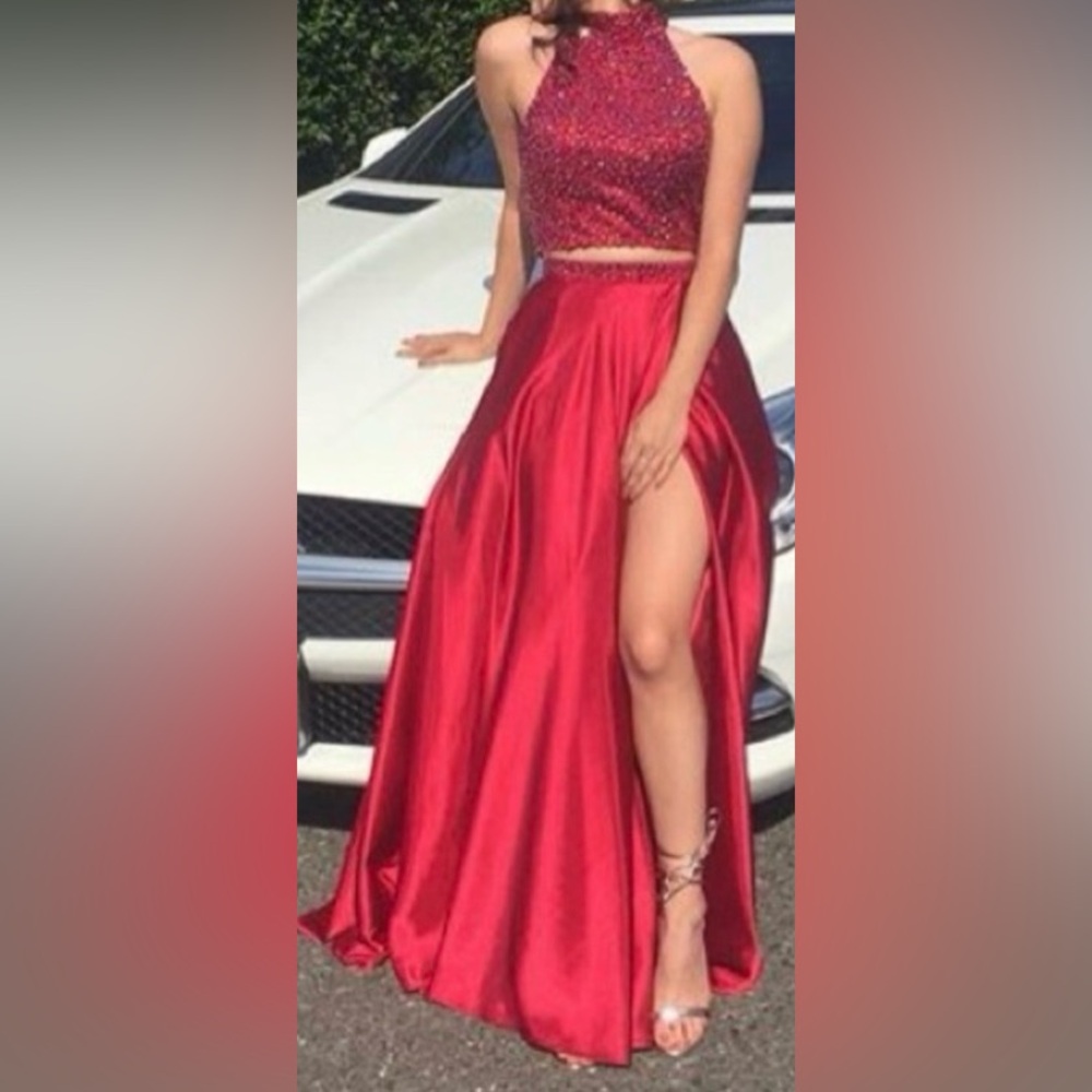 Sherri Hill Red Two-Piece Beaded Halter Prom Dress